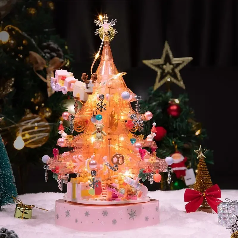 Розова Коледно Дърво Градивните Елементи На Въртящи Се Светлини, Музикални Ковчег На Дядо Коледа Led Светещи Модели Тухли Момичета Се Събират Играчки За Подарък