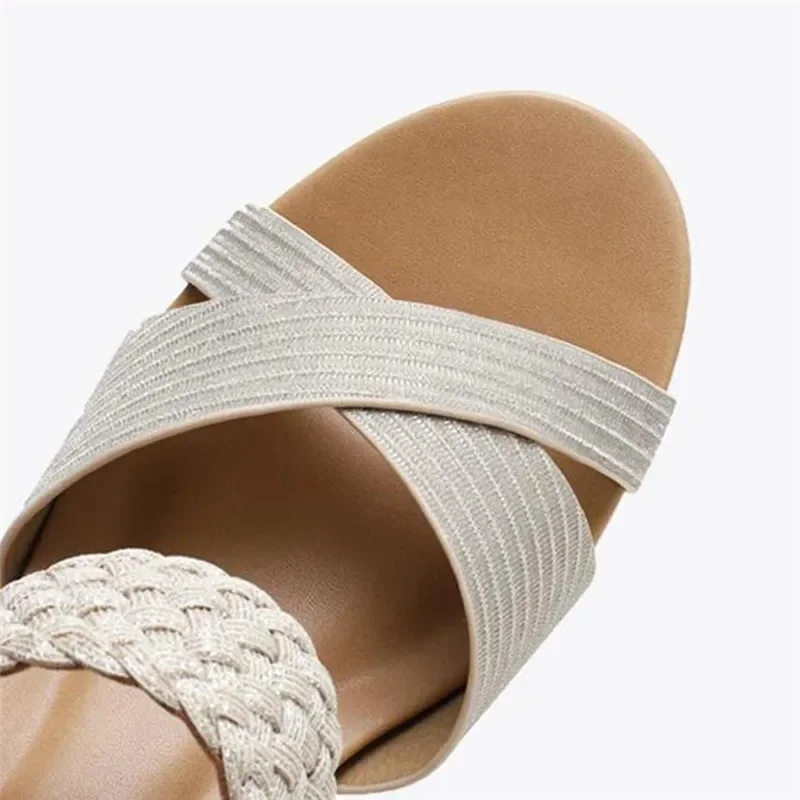 Сандали EOFK Дамски летни обувки, Елегантни дамски римски сандали на плетене на Модни дамски удобни сандали на танкетке голям размер