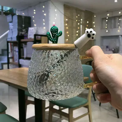 Симпатична стъклена чаша от 3D алпака с бамбук капак, чаши от устойчиви на топлина стъкло, сутрин чаша, чаша за закуска с мляко, кафе, чай за подаръци