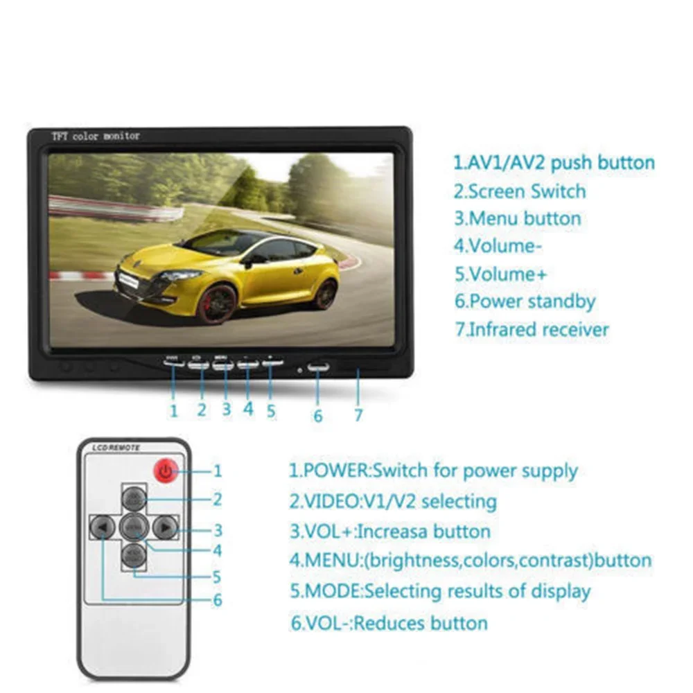 Универсален двустранен системата за визуализация В 12-24 в автомобила, пълен комплект 7-инчов LCD дисплей, камера за задно виждане
