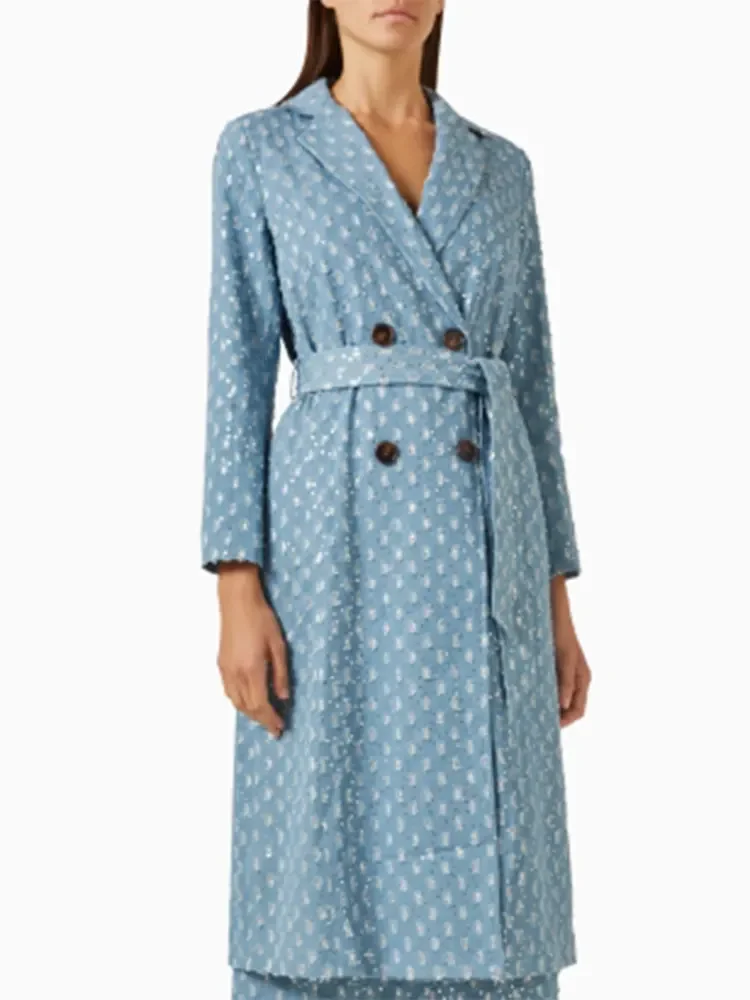 Винтажное синьо двубортное дълга козина, женски ежедневното свободно палто с дълъг ръкав и яка-лацканом, Модно дамско улично палто
