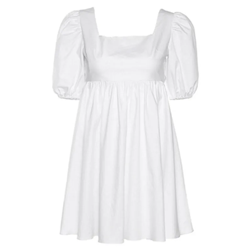 Секси лятна рокля, лятното модно бяло елегантна плажна рокля с пищни ръкави и отворена на гърба, ежедневното мини-рокля за почивка
