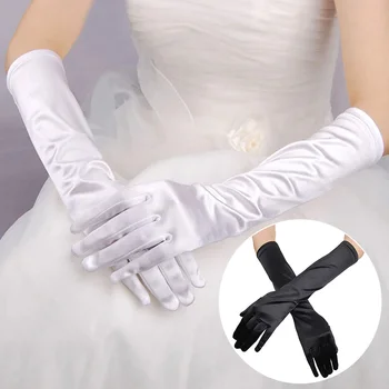 1 Чифт женски вечерните ръкавици за партита с дълги пръсти и защита от слънцето до лакътя, сатенени ръкавици без пръсти, черни, червени, бели Сватбени ръкавици