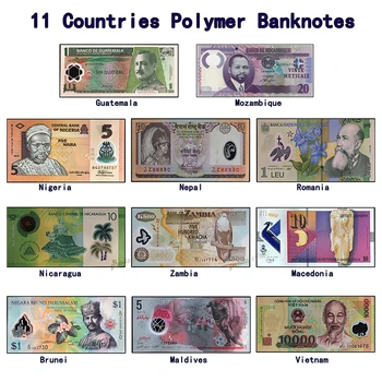 11 бр. полимерни банкноти от различни страни, много от опаковката, оригинална полимерна нота без опаковка