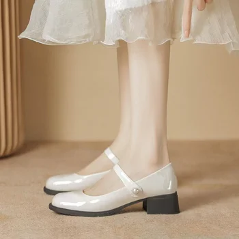 2024 единичен обувки френското ретро Mary Jane единичен обувки дамски кръгла лачена кожа средна височина на дебелите ток малки кожени обувки