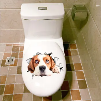 3D Стикери за тоалетна Котка Куче Знак Къща Декорация за баня Плакати от PVC Коте, Кученце Карикатура Стенно Художествено украса