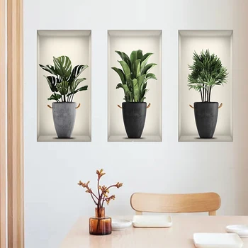 3ШТ Зелено Растение В Саксия Стикер На Стената 3D Накладное Прозорец Стикер На Стената Vinyl Хол Фоново Украса Стикер За Стена