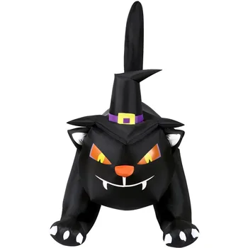 6 фута. Широка надуваема черна котка за Хелоуин с шапка вещица и led гирлянди | Празнични украси за празниците