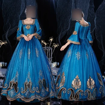 GUXQD Blue Луксозни Дамски рокли Европейската кралското семейство Средновековен костюм Мария Викторианската епоха Винтажное бална рокля Вечерна рокля за парти