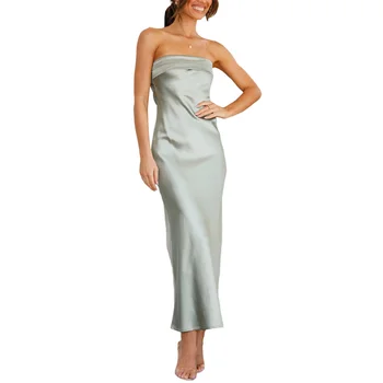 ITFABS Женствена рокля с открити рамене, монофонични еластична каишка, без облегалката, в елегантна дълга рокля с копринена повърхност