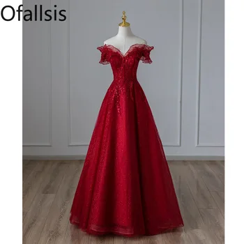 Ofallsis, коктейл рокля с открити рамене, булката 2023, ново вино-червено женствена рокля за годеж, рокли за водещи на банкети висок клас във френски стил
