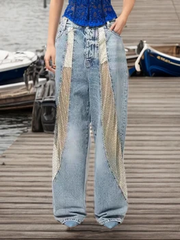 Verdejuliay Есен, Нов стил, модни широки дънки с сетчатыми конци, женски реколта панталони с висока талия и прави штанинами