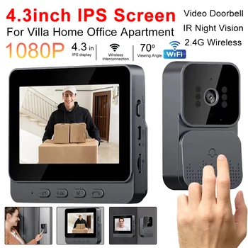 Безжични видео домофон с IPS 1080P екран от 4,3 инча, видео домофон с IR камера за нощно виждане, WiFi звънец за домашен офис