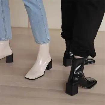 Ботуши Дамски къси ботуши Есен 2023, нова мода, квадратен чорап, дебел ток, меки френски малки ботуши без шипове, фини обувки