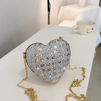 Вечерна дамска чанта с кристали, клатч във формата на сърце, женски модерен клатч, чантата и чанта, луксозен дизайн, мини чанта през рамо