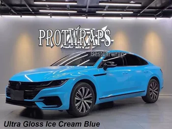 Винил фолио, Амбалажна Premium Ultra Gloss Ice Cream Blue За Покритието на Автомобила, Обертывающая Воздухоотделяющий лепило С Ниска Адхезия; 1.52x18m