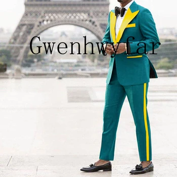 Гвенвифар 2022 Есен Нов Индивидуален мъжки костюм с лъскава жълта яка-часова Случайни оборудвана костюм, Палто, Панталони 2 броя