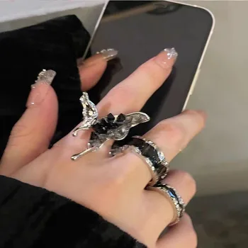 Готик, пънк, Градиент Черен кристал пеперуда за жени и момичета, готини модни эстетичные пръстени с течни животни, Бижута, подаръци