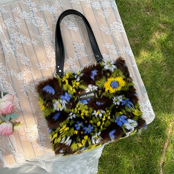 Дамски кожен чанта JIOMAY 2023, нови луксозни чанти, зимни плюшена чанта през рамо с флорални принтом, голяма чанта голям-тоут