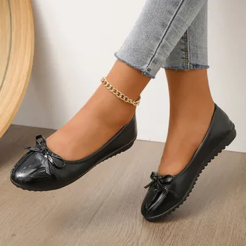 Дамски лоферы от лачен, Елегантен офис ежедневни обувки на равна платформа с бантиком, женски обувки на плоска подметка с малките си пръсти Sapatos