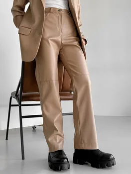 Дамски панталон от изкуствена кожа 2023, Пролет-есен, ежедневни дамски прави панталони от изкуствена кожа в стил мозайка, дамски панталони със СРЕДНА талия, Външни панталони