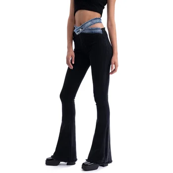 Дамски панталон с асиметрични талия, с изрези на ремешках, прилепнали дънки /Уникален дизайн, дамски дрехи, широки панталони, черни дънки, панталони