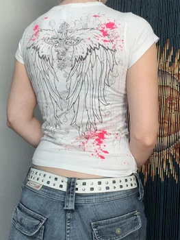 Дамски приталенная тениска с къс ръкав и принтом крилата на Феите Гръндж, блузи за момичета, козметична алтернативна облекло 2000-те