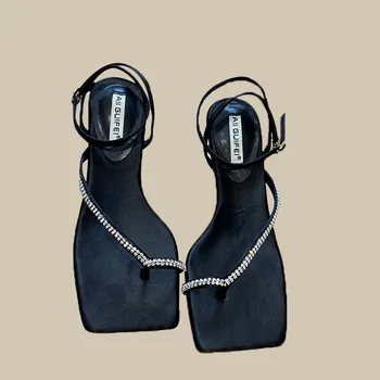 Дамски сандали на ток с кристали, удобни поролоновые сандали с отворени пръсти, плъзгащи сандали