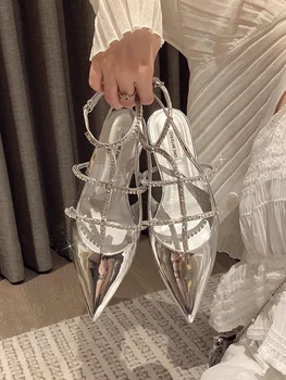 Дамски сандали, новост 2023 година, чехли на нисък ток с диаманти, обувки Мюлер с остри пръсти