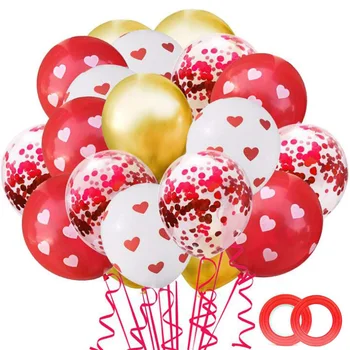 Декорации за Деня на Свети Валентин, балони за партита, 12-инчови червени, бели, златни топки с конфети със сърца на годишнина от Деня на Св. Валентин