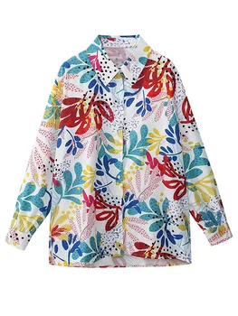 Ежедневна риза с принтом, женски однобортные ризи с отложным яка и дълъг ръкав, пролетни ризи 2024 г., Дамски Елегантни цветни тротоарни плочи