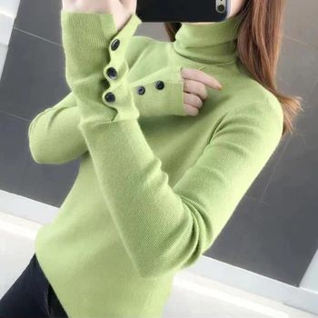 Жена обикновен топъл пуловер с висока воротом, вязаный пуловер с дълги ръкави и основните бутони, тънък офис жилетка за жени 2023, есен-зима