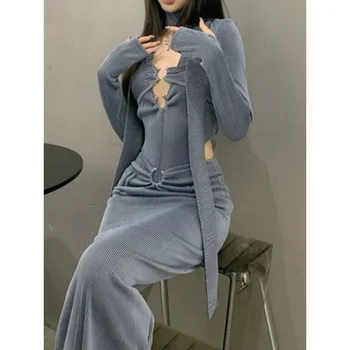 Жилетка + реколта секси поли, дамски комплект от две части, със скъсен с дълъг ръкав, Корейската мода, козметична облекло Y2k