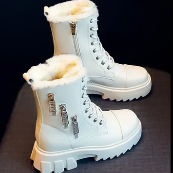 Зимни дамски зимни обувки в британския стил дантела, топли флисовые къси ботуши със страничен цип, градинска туризъм обувки Botas Para Neve Feminina