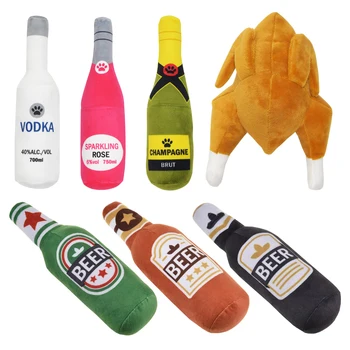 Играчки за кучета във формата на бутилка вино, креативни плюшени играчки за кучета, бира, коктейли, водка, шампанско с плюшени плънка, уиски, Скрипучая играчка, зоотовары