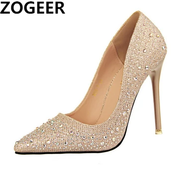 Класически дамски обувки на висок ток цвят: златист, сребрист, син, Чубрица модерни сватбени обувки с кристали, пролет-есен