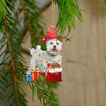Коледна Празнична Акрилна Сладко Малко кученце с окачване в червената шапка, интериор на автомобил, Дом Коледен Окачен медальон, Коледни подаръци