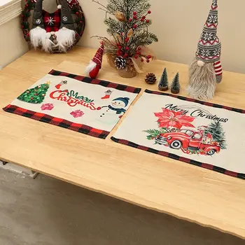 Коледна салфетка с снеговиком Дядо Коледа, ленени подложки за маса, кухненски кърпи, покривки за маси, с снежинками Дядо Коледа, Цветна подложка за маса