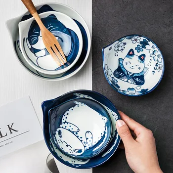 Креативен японски стил, ръчно рисувани, Cartoony сладък котка, Керамична купа, купа за ориз, супа, купа за подправка, ястие за макания сос, трапезария и посуда