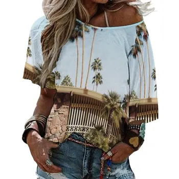 Летен ден в Палм Спрингс, тениска с къс ръкав и набори, дамски летни тениски, тениски с V-образно деколте, потник Palm Springs Palm Springs Mid
