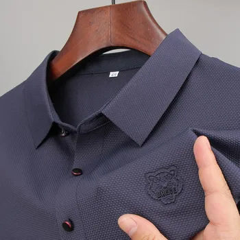 Луксозна риза от гладък лед коприна премиум-клас с къс ръкав, лятна новост 2023 г., модерен лого във формата на главата на тигър, бизнес и ежедневни мъжки поло риза