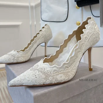 Луксозни Маркови Дамски Сватбени обувки на висок ток, Чубрица Бели Дантелени вечерни обувки с остри пръсти, zapatos de tacon mujer elegantes