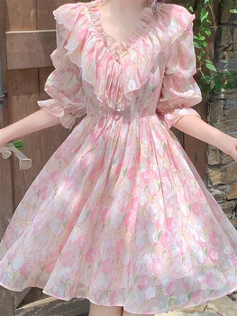 Лятна рокля в класически стил на френската първа любов 2023, Нишевое Уникално принцеса рокля от розов шифон с волани за отслабване, женствена рокля