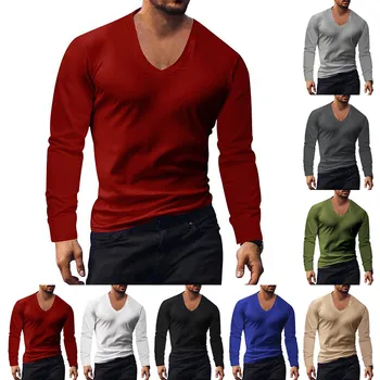 Мъжка Мода Пролет-Лято Ежедневни Тениска С Дълги Ръкави и V-образно деколте, Однотонная Тениска с Дълъг Ръкав, Отгоре Дизайнерски Тениски за Мъже