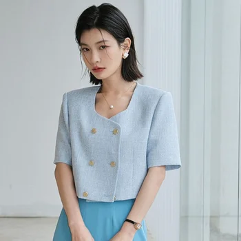 Нов дамски яке с лек аромат, лятна Корейски шикозни блузи с квадратна яка, Двубортные обикновен дамски палта