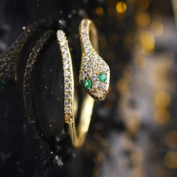 Ново, очарователно луксозно пръстен-змия Crystal Spirit за жени, Златен пръстен с цирконием, Регулируема отворен пръстен в стил пънк-рок, бижута във формата на животни