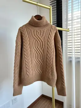 Основен женски ретро пуловер от чист кашмир с високо воротом, без вязаный пуловер, Елегантна дама, универсални капаци-скок с дълги ръкави.
