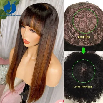 Перуки от човешка коса с пряко осветление Amethyst, Червеникаво-кестенява, с бретон За жени, изцяло изработени машинното начин Перука Бразилски Реми