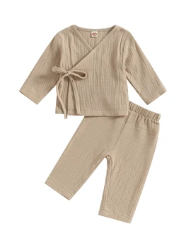 Пижамный комплект за малки момчета и момичета с хубави анимационни принтом, блузи с V-образно деколте и дълги ръкави и дълги панталони с еластичен колан, 2 броя, хол