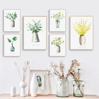 Плакати със зелени растения на стената в изчистен стил, платно с тропически жълти цветя, печат декоративни картини за вашия интериор дневна